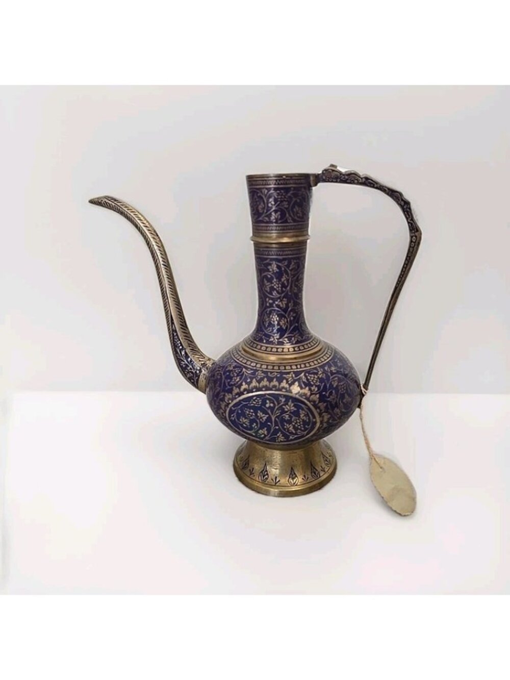 Vintage Brass Genie Bottle Oil Pitcher Etched Enameled Decorative Decor  8" Tall